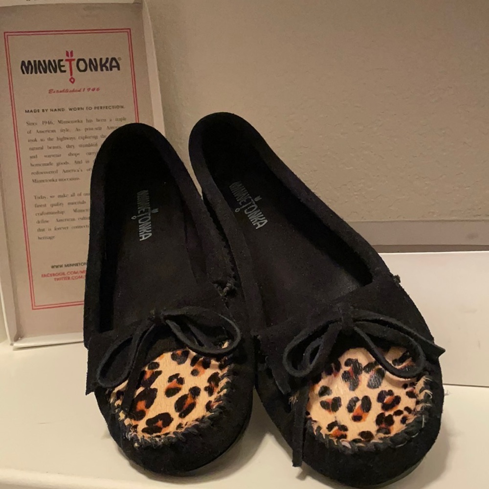 Limited edition Black & Leopard print Minnetonka Kilty Moccasins